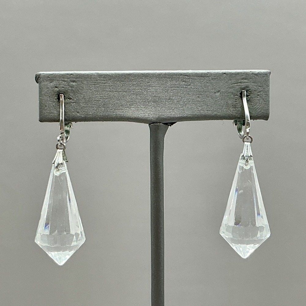 Crystal Drop Earrings Women Clear Vintage Faceted Tapered Dangle Clip On Jewelry